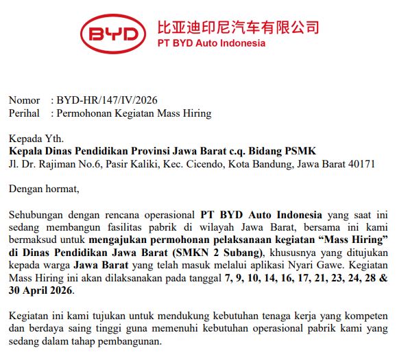 Peluang Karir PT BYD Auto Indonesia 2026: Pendataan Alumni 2024 & 2025